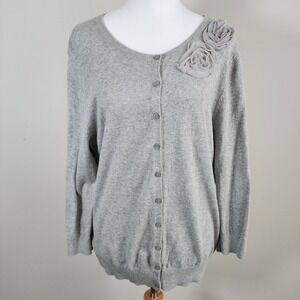 Old Navy Cardigan Sweater Womens XL Gray Cotton Floral Rosette Dainty Feminine